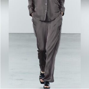 Zara, Gray, Embroidered Satin Effect Pants ZW Collection, Medium